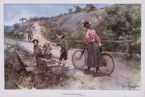 Beratung der Autoritäten: Frau auf einer Radtour fragt eine Gruppe von Kindern nach dem Weg von Walter Granville Smith