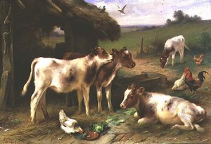 Kälber und Geflügel bei einer Scheune in einer Landschaft von Walter Hunt