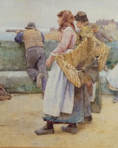 In einem kornischen Fischerdorf: Abfahrt der Flotte nach Norden, Detail von zwei Fischweibern, 1886 (Detail) von Walter Langley