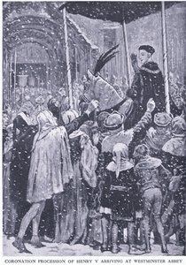 Krönungsprozession von Heinrich V. Ankunft in der Westminster Abbey 1413, aus Cassells Geschichte des britischen Volkes veröffentlicht von der Waverley Book Company Limited, ca. 1940