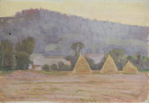 Landschaft mit Heuschobern von Walther Gamerith