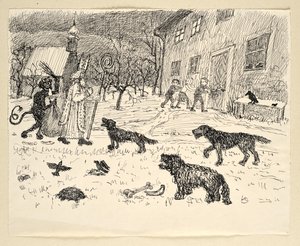Nikolaus und Krampus in Landschaft mit Kindern