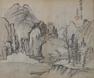 Landschaft nach Wu Zhen 1280-1354, aus dem Handbuch des Senfkorns..., Erstausgabe, 1679 von Wang Gai