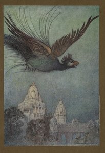 Tafel 10: "Ein riesiger Vogel kommt offenbar aus dem Palast", aus Folk-Tales of Bengal ... Mit 32 Illustrationen in Farbe von Warwick Goble (Edition de luxe.) 1914
