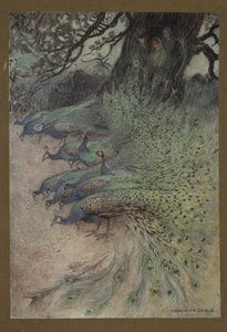 Tafel 11: "Hunderte von Pfauen mit prächtigen Federn kamen zu den Dämmen, um das Khai zu essen", aus Folk-Tales of Bengal ... Mit 32 Illustrationen in Farbe von Warwick Goble (Edition de luxe)