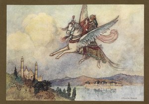 Tafel 20: "Die Dame, der König und Hiraman erreichten die Hauptstadt des Königs sicher und wohlbehalten", aus Folk-Tales of Bengal ... Mit 32 Illustrationen in Farbe von Warwick Goble (Edition de luxe.)