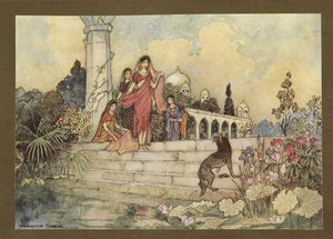 Tafel 23: "Der Schakal ... öffnete sein Bündel Betelblätter, steckte einige in den Mund und begann zu kauen", aus Folk-Tales of Bengal... Mit 32 Illustrationen in Farbe von Warwick Goble (Edition de luxe.)