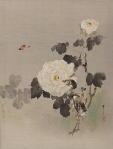 Rosen, junger Vogel und ein Schmetterling, ca. 1887 von Watanabe Seitei