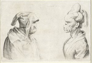 Missgestaltete Köpfe eines Mannes mit schlaffer Mütze und einer Frau mit hochgebundenem Haar von Wenceslaus Hollar (attributed to)