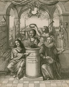 Büste von Charles II., mit Lord Brouncker (links), dem ersten Präsidenten der Royal Society, und Francis Bacon (rechts) von Wenceslaus Hollar