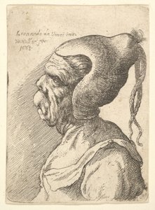 Büste einer deformierten Frau mit konischem Hut und zwei baumelnden Zöpfen im Profil nach links von Wenceslaus Hollar