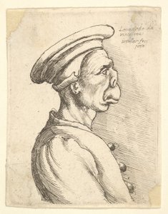 Büste eines Mannes mit flacher Nase und vorstehendem Mund, der eine flache Mütze und einen geknöpften Mantel trägt..., 1660 von Wenceslaus Hollar