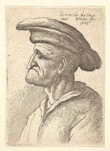 Büste eines älteren Mannes mit einer Nase, die seine Unterlippe trifft, mit breitem flachem Hut im Profil, 1665