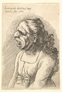 Büste einer Frau mit weit geöffnetem Mund und langen lockigen Haaren, die über ihre Schultern fallen von Wenceslaus Hollar