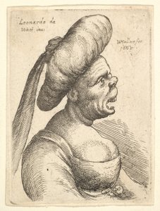 Büste einer Frau mit weit geöffnetem Mund und nach oben gedrehter Nase, die einen großen flachen Turban trägt, 1665 von Wenceslaus Hollar