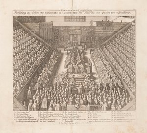 Darstellung der Parlamentssitzung von London zur Verurteilung des Earl of Stafford, ca. 1642 von Wenceslaus Hollar