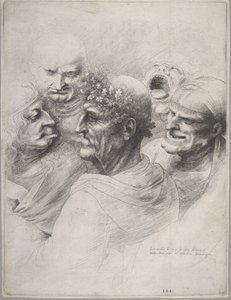 Fünf groteske Köpfe, darunter ein älterer Mann mit einem Eichenlaubkranz, 1646