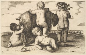 Vier Jungen, ein junger Satyr und eine Ziege Kopie, 17. Jahrhundert von Wenceslaus Hollar