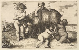 Vier Jungen, ein junger Satyr und eine Ziege, Kopie in Umkehrung, 17. Jahrhundert von Wenceslaus Hollar