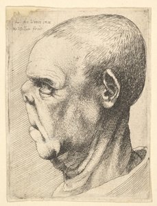 Grotesker alter Mann mit abgeflachter Nase im Profil nach links, 1625-77