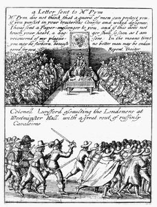 John Pym liest einen Brief im Unterhaus vor; Oberst Thomas Lunsford und seine Soldaten greifen Londoner an