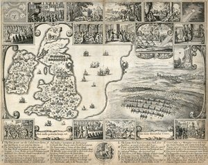 Karte der Britischen Inseln und Illustrationen historischer Ereignisse des 17. Jahrhunderts, ca. 1659
