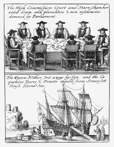 Mitglieder der Sternkammer; Königin Henrietta Maria segelt von England