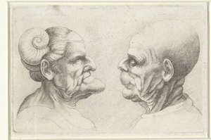 Missgestaltete Köpfe eines kahlen Mannes und einer Frau mit Hörnern auf dem Kopf von Wenceslaus Hollar