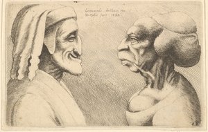 Zwei deformierte Köpfe, die Figur links ist möglicherweise eine Karikatur von Dante, 1645 von Wenceslaus Hollar