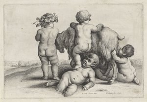Vier Jungen, ein Satyr und eine Ziege Putti und Satyrn (Serientitel) von Wenceslaus Hollar