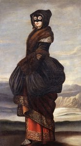 Winter: Eine Dame, ganzfigurig, in exotischem Kostüm, mit Maske, in einer Landschaft