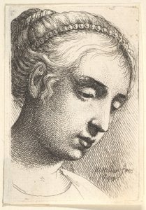 Frau mit Perlenkette im Haar, die nach rechts unten schaut von Wenceslaus Hollar