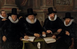 Vier Regenten und der Hausvater des Amsterdamer Leprahospitals von Werner van den Valckert