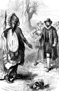 Empfang eines Narragansett-Kriegers durch John Winthrop, Massachusetts, um 1630er Jahre, um 1880 von Whymper