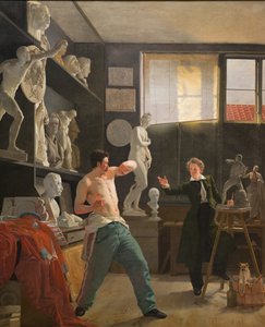 Ein Bildhauer in seinem Atelier, der nach dem Leben arbeitet