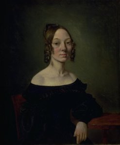 Porträt eines Mädchens in einem schwarzen Kleid, das am Tisch sitzt von Wilhelm Bendz