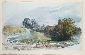 Weg zwischen Kornfeld und Sträuchern mit Hütten im Hintergrund von Wilhelm Busch