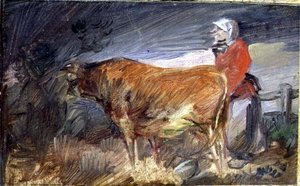 Frau und Kuh in einer Landschaft von Wilhelm Busch