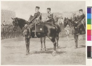 Kaiser Franz Joseph I. und Zar Nikolaus II. bei der Parade auf dem Champ-de-Mars in St. Petersburg