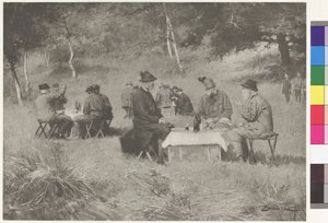 Jagdgesellschaft - Kaiser Franz Joseph am Tisch mit Prinz Leopold von Bayern und Großherzog Ferdinand IV. von Toskana