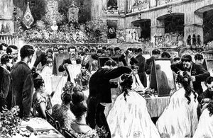 Vorführung von Frisuren durch den Deutschen Friseurverband im Berliner Konzerthaus, 1887