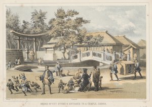 Brücke aus behauenem Stein und Eingang zu einem Tempel, Simoda, 1855