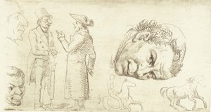 Zweites Probedruckblatt in Stylografie mit Mönchskopf, Pferden usw.