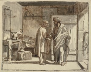 Der barmherzige Samariter bezahlt den Wirt von Wilhelm Marstrand