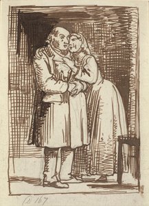 Die schmeichelnde Frau. Eine Frau spricht eindringlich zu ihrem alten Ehemann und hat die Arme um seinen Hals von Wilhelm Marstrand