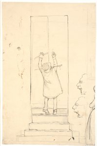 Ein kleiner Mann steht auf den Zehenspitzen, um eine Tür mit einem Riegel zu öffnen. Skizze von Profilen und einer Frau von Wilhelm Marstrand