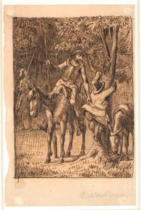 Vor dem Kampf mit dem Spiegelritter hilft Don Quixote Sancho Pansa auf einen Baum von Wilhelm Marstrand