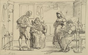 Interieur, wo ein junger Mann einem sitzenden Mönch etwas erklärt, rechts weinendes Mädchen und alte Frau
