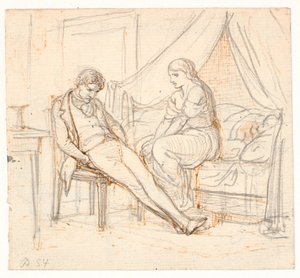 Innenraum mit melancholischem jungen Mann und einem Mädchen auf einem Bett