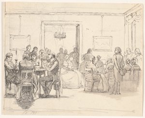Kopenhagener Gesellschaftsszene, links Kartenspieler, rechts musizieren von Wilhelm Marstrand